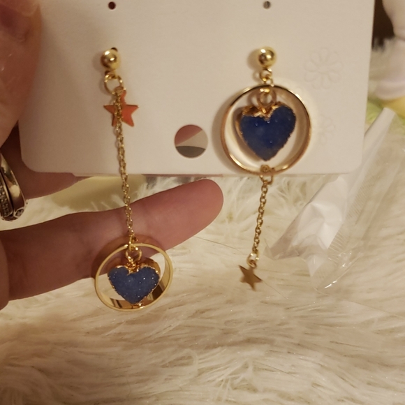 Stone Blue Heart Dangle Star Earrings - Picture 5 of 6